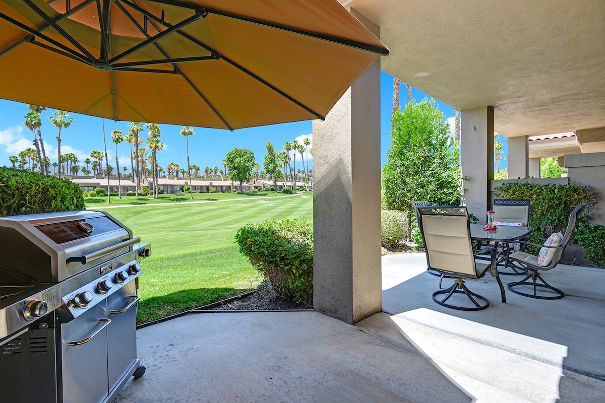 Step outside to your private patio where a gas grill awaits your culinary creations. Dine under the shade of an umbrella while gazing across manicured fairways and swaying palms—your ideal desert retreat.