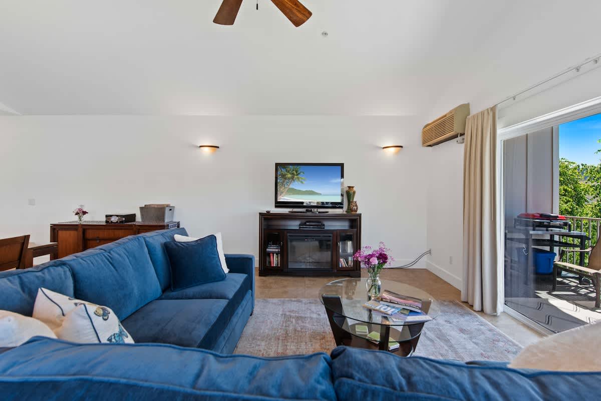 Living Area with TV, Cable, and electric fireplace.